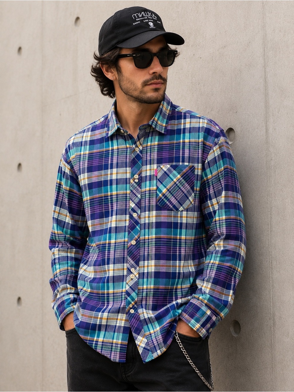 Mishka Purple & Teal Plaid Long-Sleeve Button-Down Shirt Size L